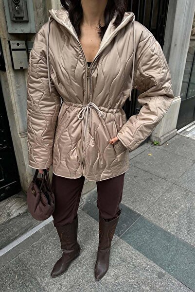 My Loore Women's Mink Hooded Waist Drawstring Puffer Coat Mbl6014