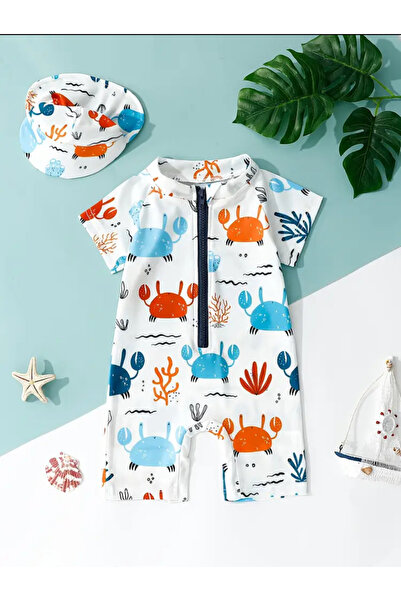 MODA Erkek bebek yengeç desenli kısa kollu tulum mayo, fermuarlı tasarım ve b...