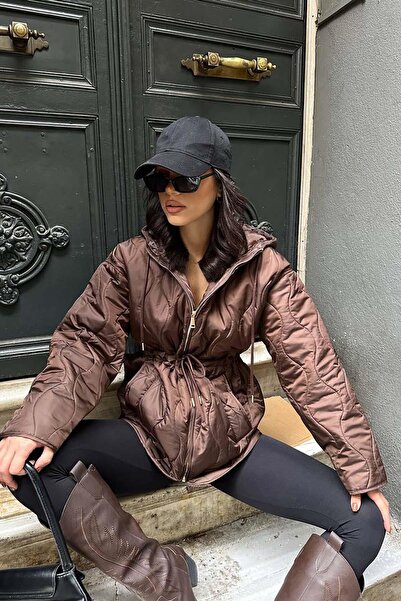 My Loore Women's Brown Hooded Waist Drawstring Puffer Jacket Mbl6014