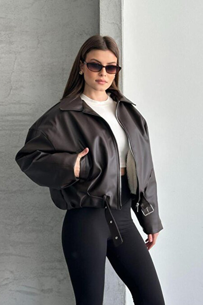 MANMARK Fur-Lined Winter Buckled Women's Oversized Leather Jacket Coat