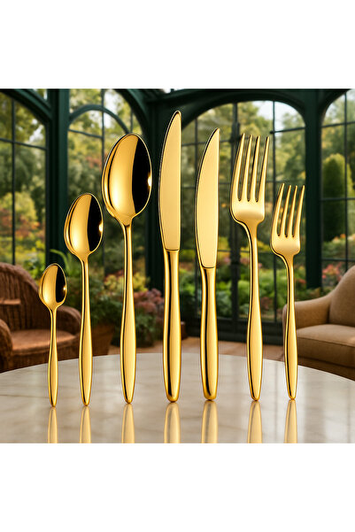 Davet Damla Gold Stainless Steel 6 Person 42 Piece Cutlery Set with Box - Stainless Steel Set