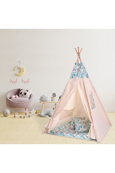 Kidizi Cort copii stil indian Teepee Tent Mint Unicorn, include covoras gros si 2 perne, stabiliz...