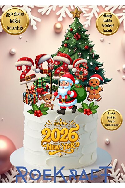 OEM Roekraft Yeni yıl temalı pasta süsü ve 6lı Cupcake Seti