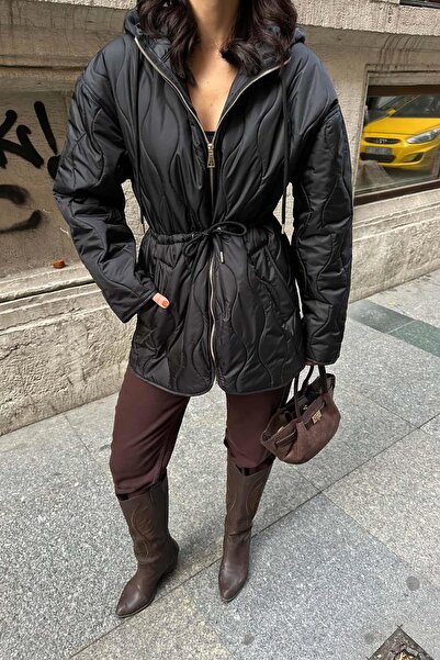 My Loore Palton negru pentru femei cu glugă cu talie elastică MBL6014