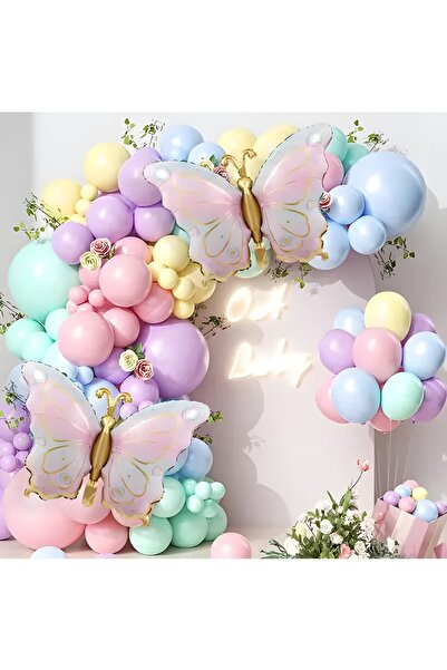 BKMC PARTY مجموعة زينة لحفلات أعياد الميلاد بتصميم الفراشة الرجعية للأطفال البنات مع بالونات بألوان الباستيل