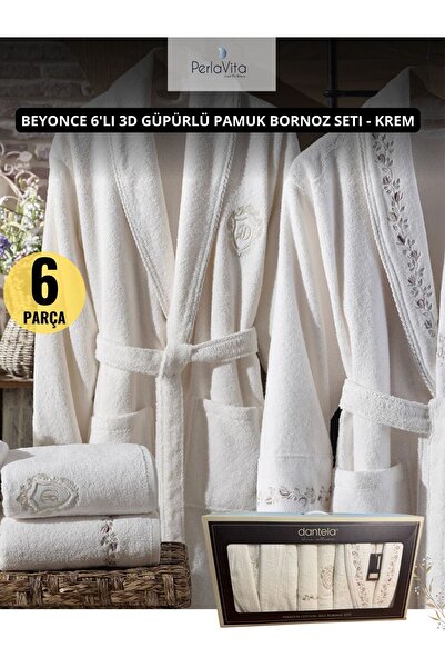 Dantela Peri 6'lı Nakışlı Pamuk Bornoz Seti - Krem/Krem