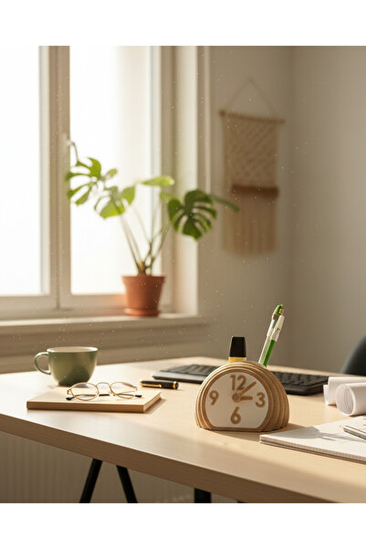 Elana Design Kalemlikli Masa Saati - Homy Sessiz Masa Saati ve Kalemlik (Gize...