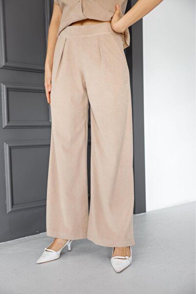 EsSo butik Women's Cream Color Wide Leg Corded Fabric Velvet Plazzo Pants