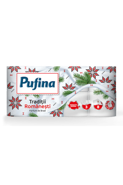 PUFINA Hârtie igienică „Tradiții Românești”, parfum de brad, 8 role