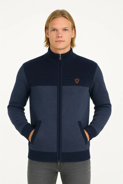 Kokosh moda Men's Zippered Knitwear Cardigan High Collar, Pockets, Casual Stylish Comfortable Fit Knitwear - Navy Blue