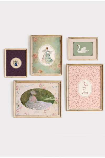 leilart Shabby Chic Tarzı Pastel Çiçek ve Figür Desenli 5'li Kombin Tablo Seti