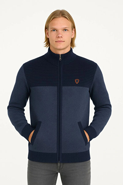 velmorafashion Velmora Premium Zippered Knitwear Cardigan High Collar, Pockets, Casual Stylish Comfortable Fit Knitwear - Navy Blue