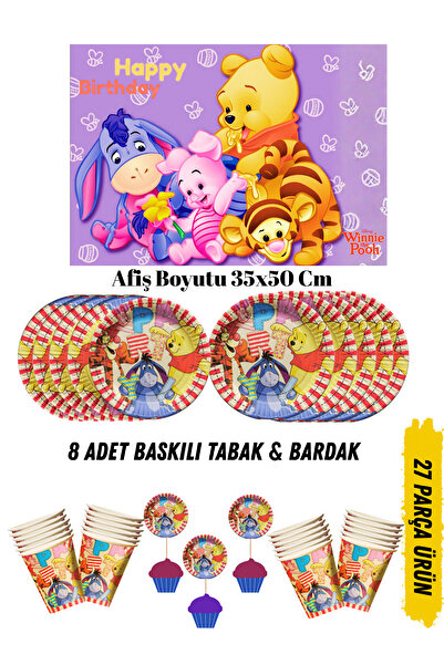 HAPPYLOOPPARTY Winnie The Pooh Temalı Doğum Günü Tabak , Bardak , Afiş Seti 3...