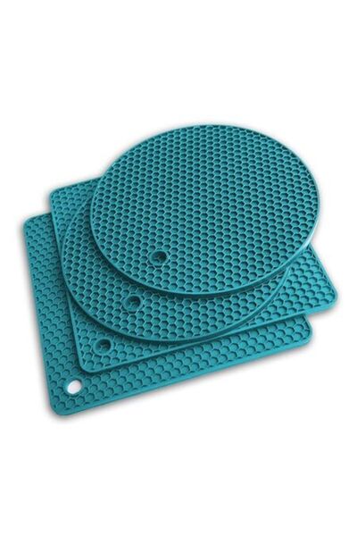 Q's Inn Set de bucătărie din silicon, 4 piese (turcoaz) — suporturi pentru oale, scurgător de vase și mănușă rezistentă la căldură