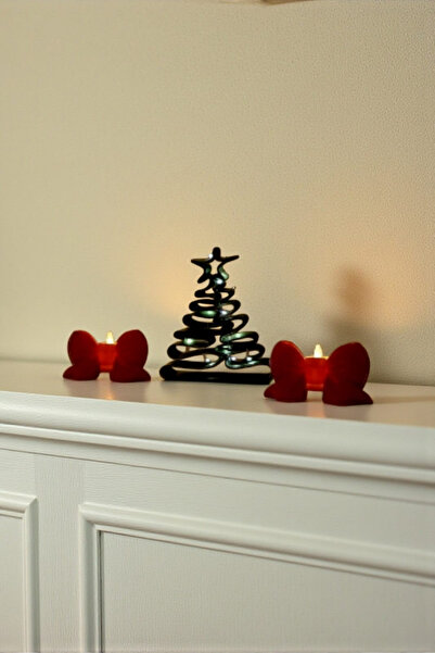 DNRYSL 3'lü Yılbaşı Dekor Seti Çam Ağacı ve Kurdela Mumluk, 3D LED Işıklı, Te...