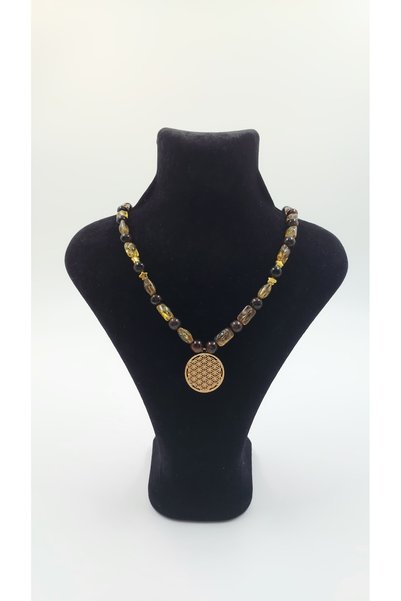 R G Handmade Design Cam Boncuk & Kaplan Gözü Doğal Taşlı Yaşam Çiçeği Kolye