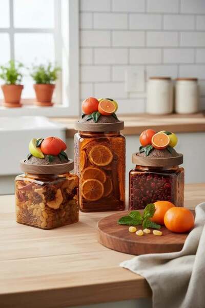 Handan UZUNOĞLU Wooden Vacuum Lid Glass 3-Piece Jar Set Orange
