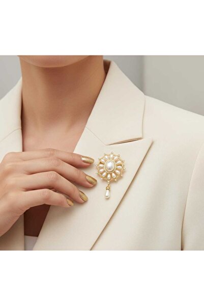 Oren Turkey İncili ve Taşlı Gold Broş - Sallantılı Damla İnci Detaylı Yaka İğ...