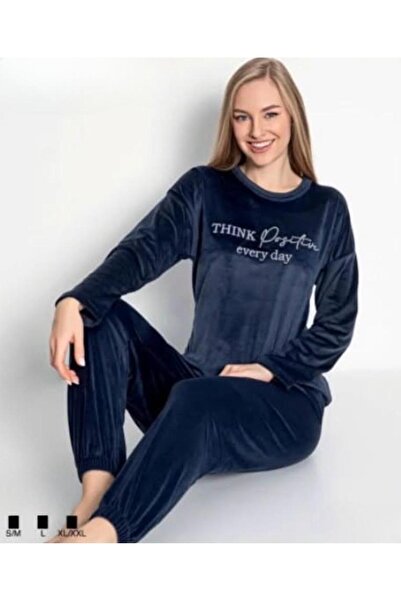 İpek Set de pijamale din catifea uni cu mâneci lungi pentru femei guler rotund