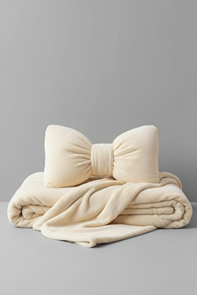 JACA 2-Piece Wellsoft Plush Fleece Tv Blanket Single Blanket and Stuffed Bow Throw Pillow Set