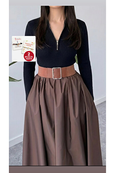 ABAGlobal Kadın Yüksek Bel Uzun Kahverengi Etek – Kemer Detaylı Bol Kesim