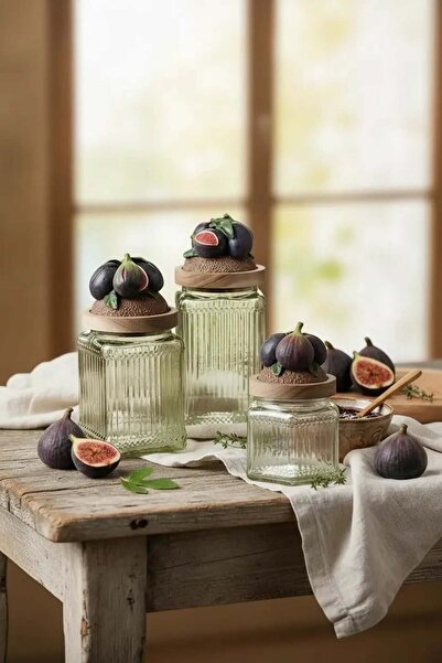 Handan UZUNOĞLU طقم برطمانات زجاجية خشبية مفرغة الهواء مكون من 3 قطع باللون ا...