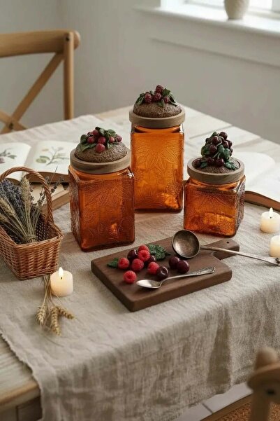 Handan UZUNOĞLU طقم برطمانات زجاجية خشبية مفرغة الهواء مكون من 3 قطع