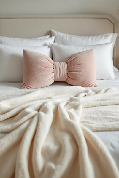 JACA طقم بطانية تلفزيون من الصوف الناعم مكون من قطعتين مع وسادة مزينة بفيونكة محشوة