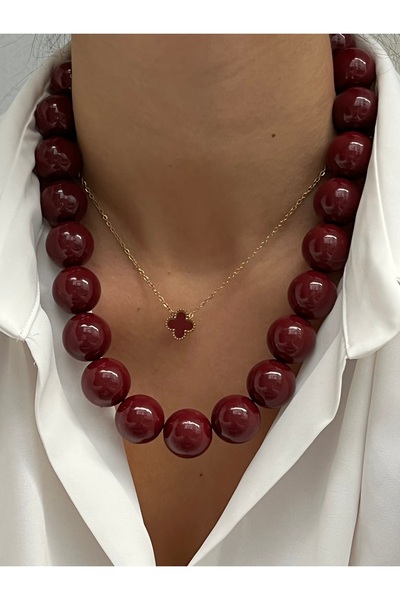 Twinssis Accessories قلادة كبيرة من الخرز على شكل كرة باللون العنابي