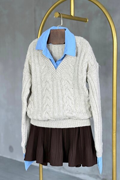 Suziş Shirt Detail V-Neck Knitted Short Sweater 52120014