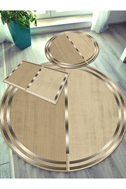 Ardizayn Paye (Gold) - Woven Base, Bamboo, Round Bath Rug (100X100-60X60-40X60 cm Set of 3)