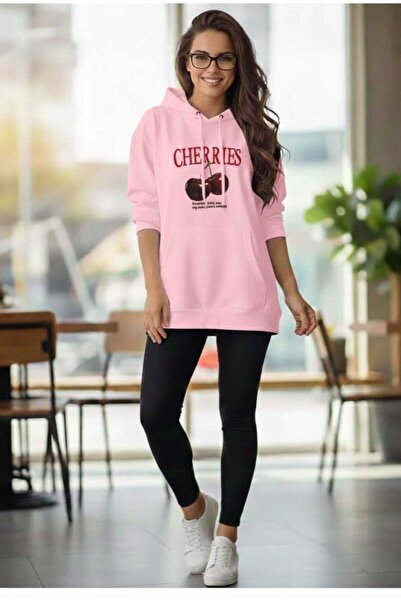 LiyAdaCo Hanorac pentru femei roz supradimensionat Cherries cu imprimeu Swea tricou