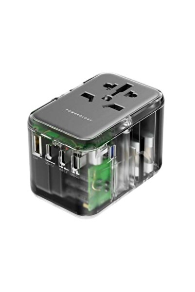 Powerology محول سفر عالمي شفاف من باورلوجي بقوة 65 واط و4 منافذ (3 منافذ من ا...