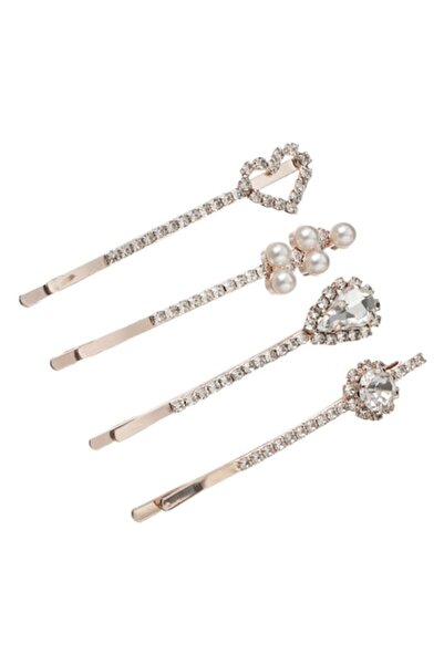 OEM Set of Pink-Gold Hair Clips with Rhinestones and Beads for Women 6.5cm - 4 pcs