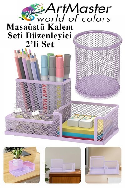 Artmaster Masaüstü Metal Silindir Kalemlik ve 3 lü Düzenleyici 1 Paket Fileli...