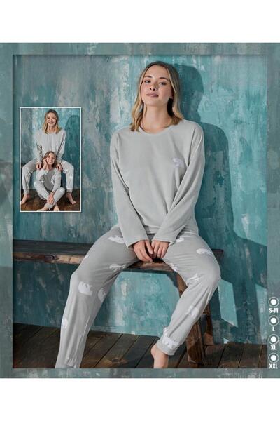 İpek Women's Long Sleeve Crew Neck Polar Bear Pattern Velvet Pajama Set