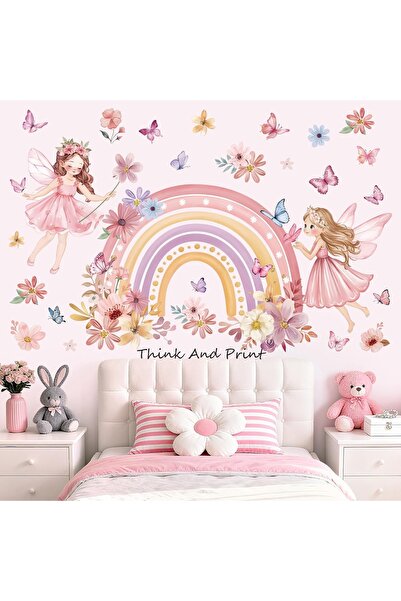 Think And Print Kız Çocuk Odası Duvar Sticker Seti Büyük Boy Pembe Peri Keleb...