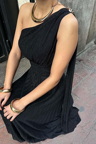 My Loore Kadın Siyah Tek Omuz Uzun Abiye Elbise | Özel Gün & Davet Elbisesi MLB110