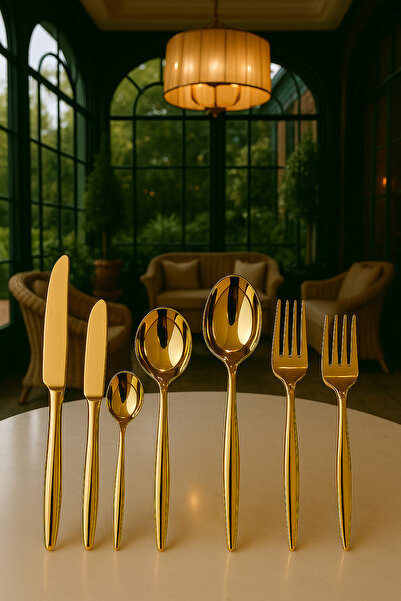 Davet Piraye Gold Stainless Steel 12 Person 84 Piece Boxed Cutlery Set - Stainless Steel Set