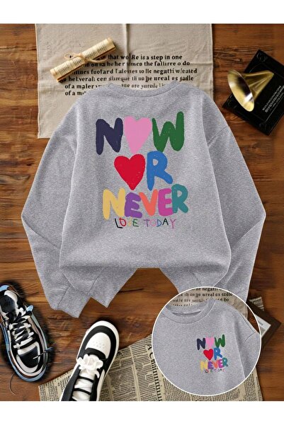 WESTİMO Women's Gray Now or Never Printed Oversized Crew Neck Sweatshirt