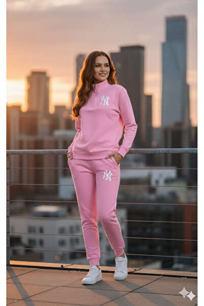 LiyAdaCo Set de trening pentru femei din țesătură premium NY cu imprimeu cu jumătate de fermoar, roz, sus și jos - îmbrăcăminte confortabilă
