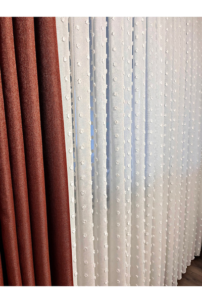 PEREN HOME Ponpon Tül Perde 1e3 Sık Pile Modern & Şık Desen Keten - Ekru