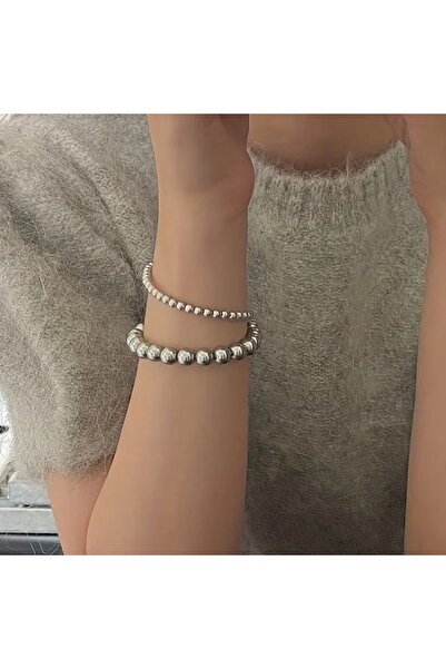 by Natalie İkili gümüş renk nikel kaplama 2 li bileklik lastikli gümüş inci r...