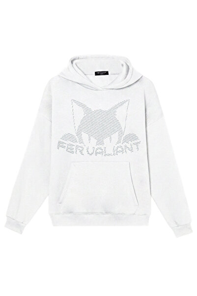 Fer Valiant سويت شيرت للجنسين كات ستون مطبوع قصة فضفاضة بغطاء رأس