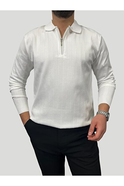 HAVANO Havanna Premium Quality Collared Zippered Knitwear Sweater - White