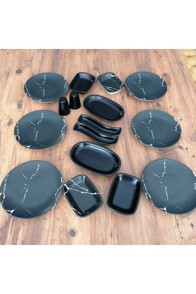 Demet Çeyiz Set Breakfast 16 Pieces for 6 Persons Matte Black Marble Pattern