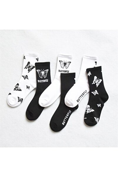 çorapmanya 8 Çift Kelebekli Siyah Beyaz Pamuklu Kolej Tenis Çorabı