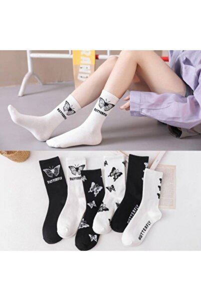 çorapmanya 8 Çift Kelebekli Siyah Beyaz Pamuklu Kolej Tenis Çorabı