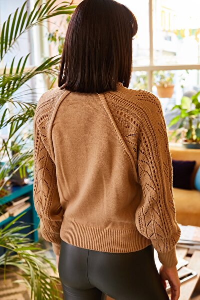 Olalook Γυναικείο πλεκτό πουλόβερ με μανίκια γάλακτος καφέ KZK-19000248
