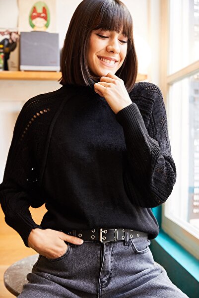 Olalook Γυναικείο μαύρο μανίκι νυχτερίδα Λεπτομερές πλεκτό πουλόβερ KZK- 19000248